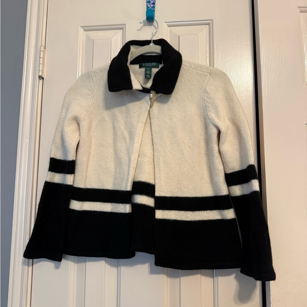 Lauren Ralph Lauren Petite 100% Lambswool Black & Cream Cardigan Sweater